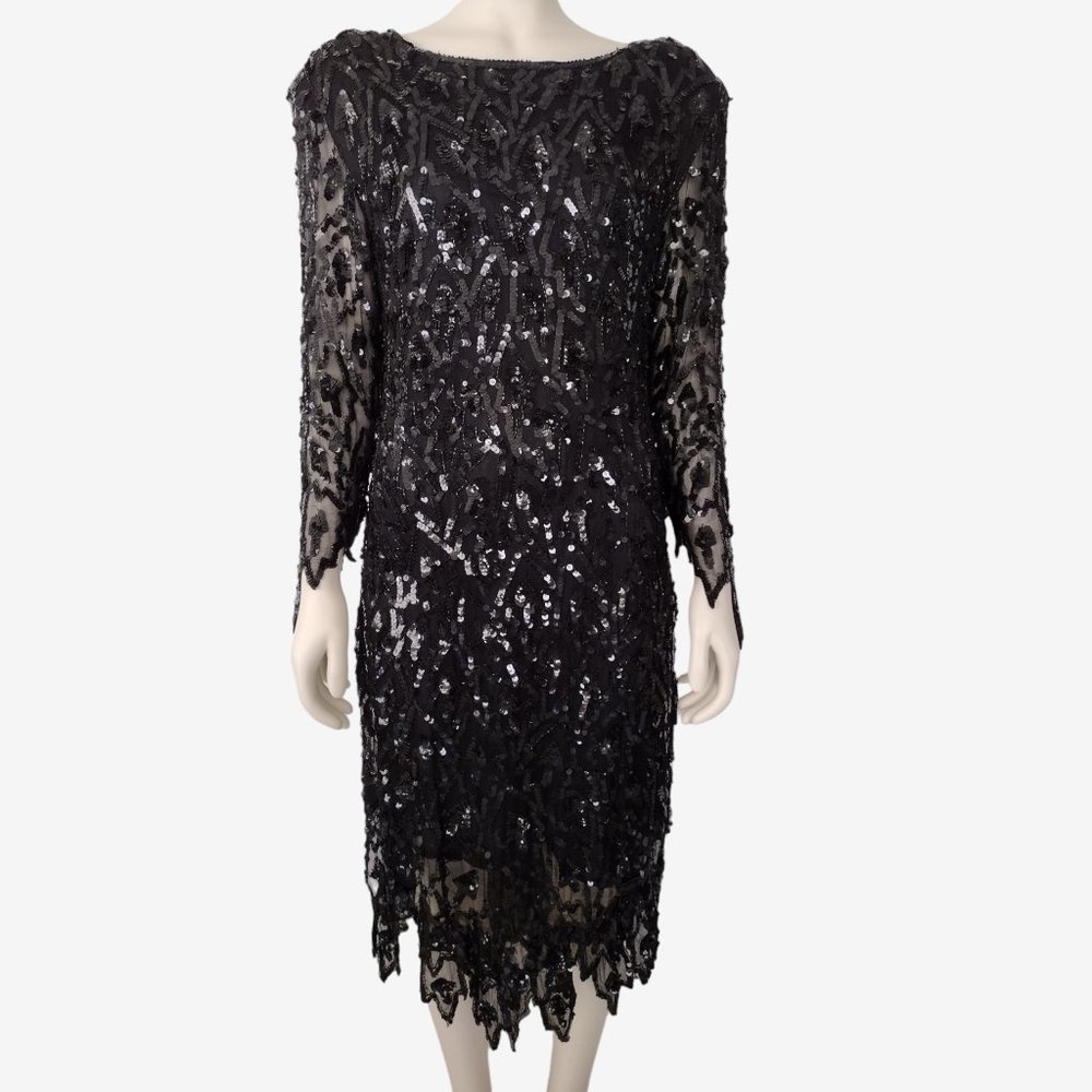 Vintage 80s Black Silk Sequined Long Sleeve Oversized Midi Sheath Dress